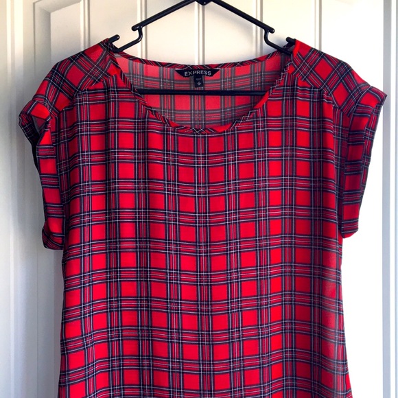 Express Red Plaid Silky Short Sleeve Top - Picture 5 of 5